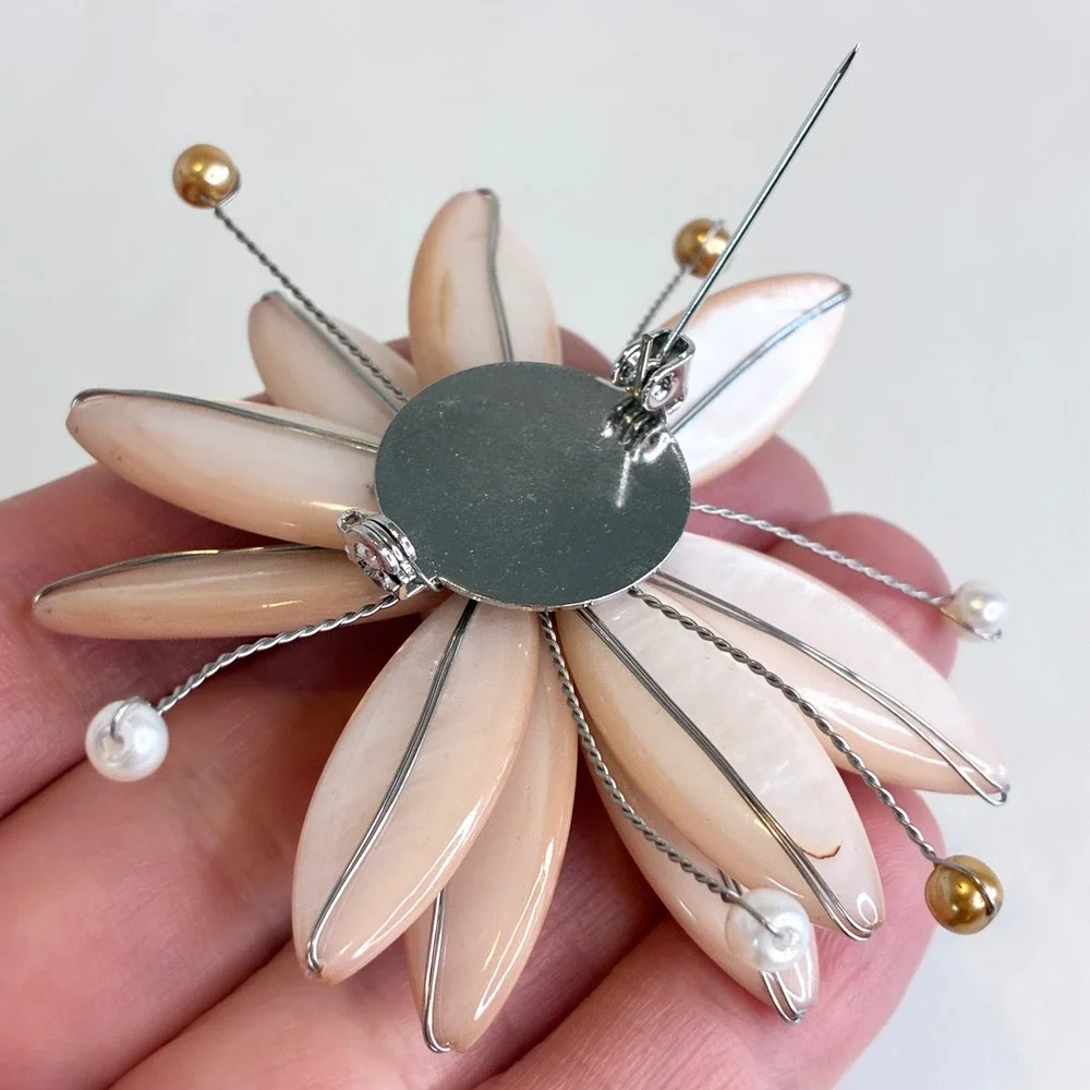 Vintage Flower Brooch Peach Carved Shell Faux Pearl Petal Statement Pin